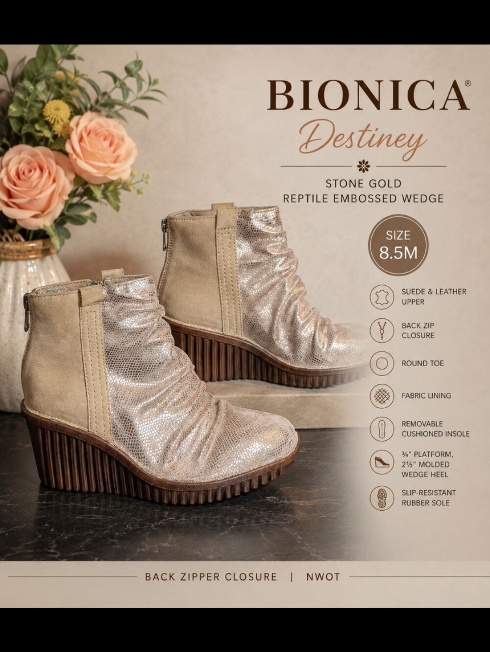 BIONICA Womens Destiney Stone Gold Reptile Embossed Wedge 8.5M Nwot